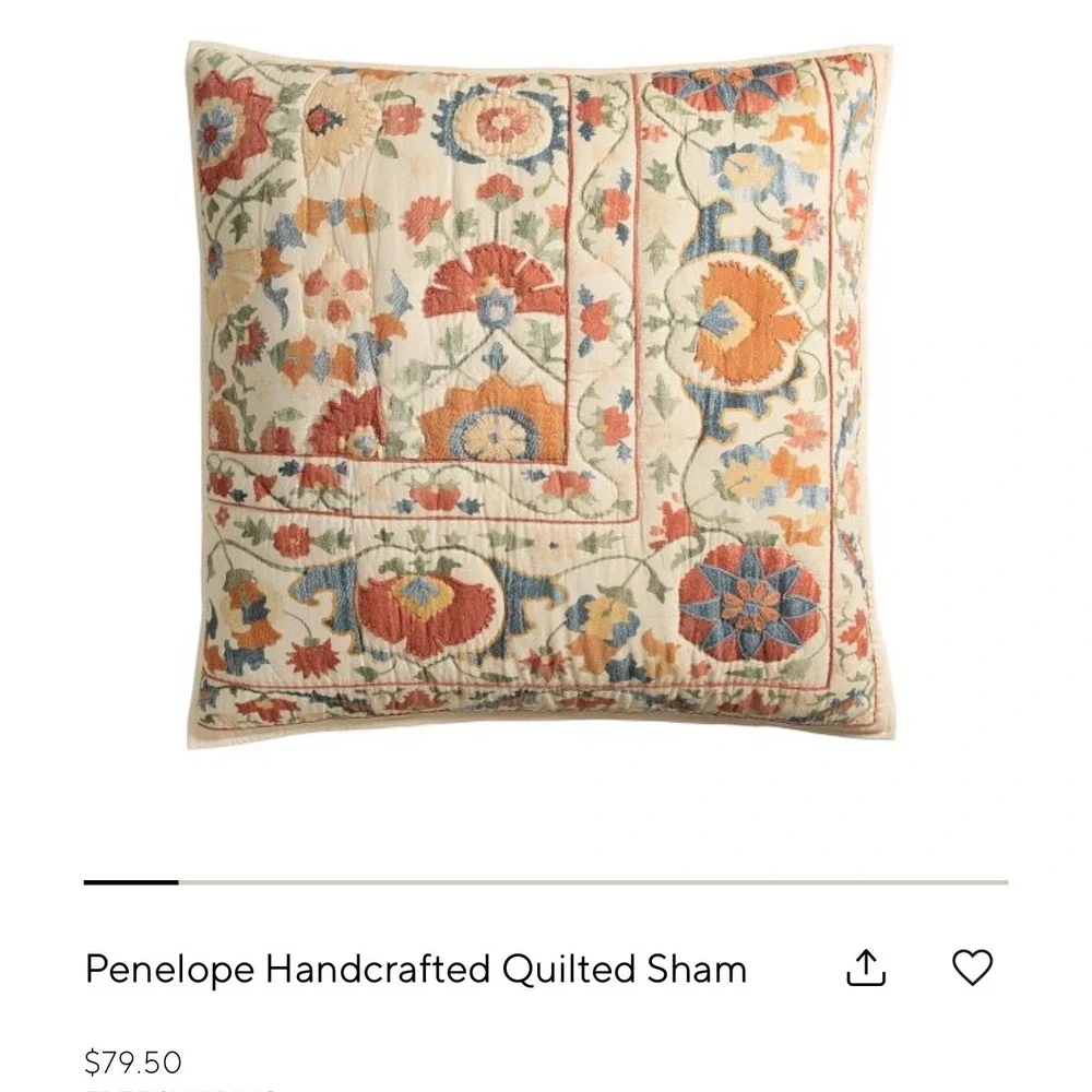 Pottery Barn Penelope Handcrafted Quilted Euro Sham Warm Multi Floral 26x26